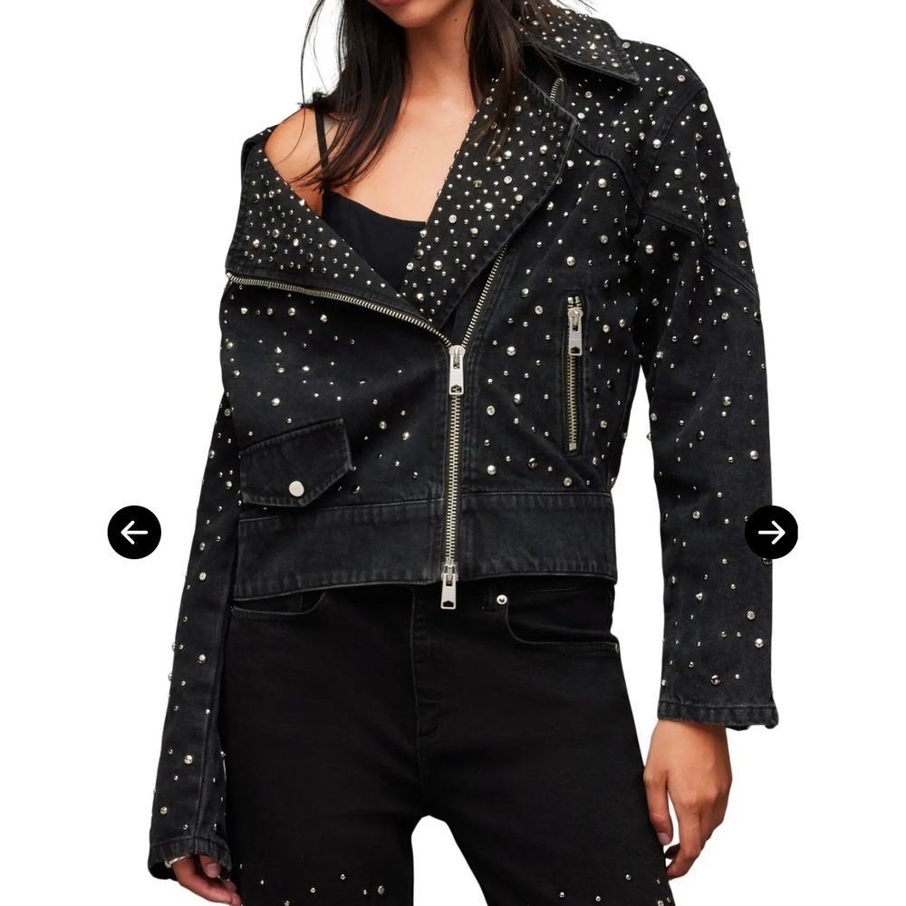 AllSaints Balfern Studded Denim Biker Jacket Washed Black Crystal Moto Glam Rock